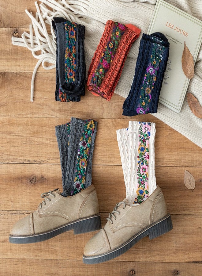 jecvxor 5 Pairs Women's Floral Design Vintage Crew Socks Ethnic Jacquard Knit Set, Red, Grey, Blue, White, Black - Image 3